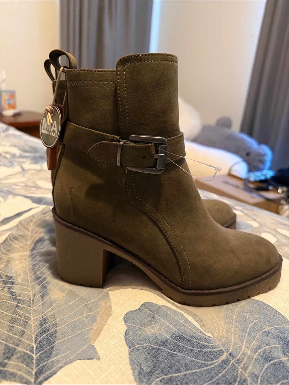 MIA Olive Suede Ankle Booties with Buckle